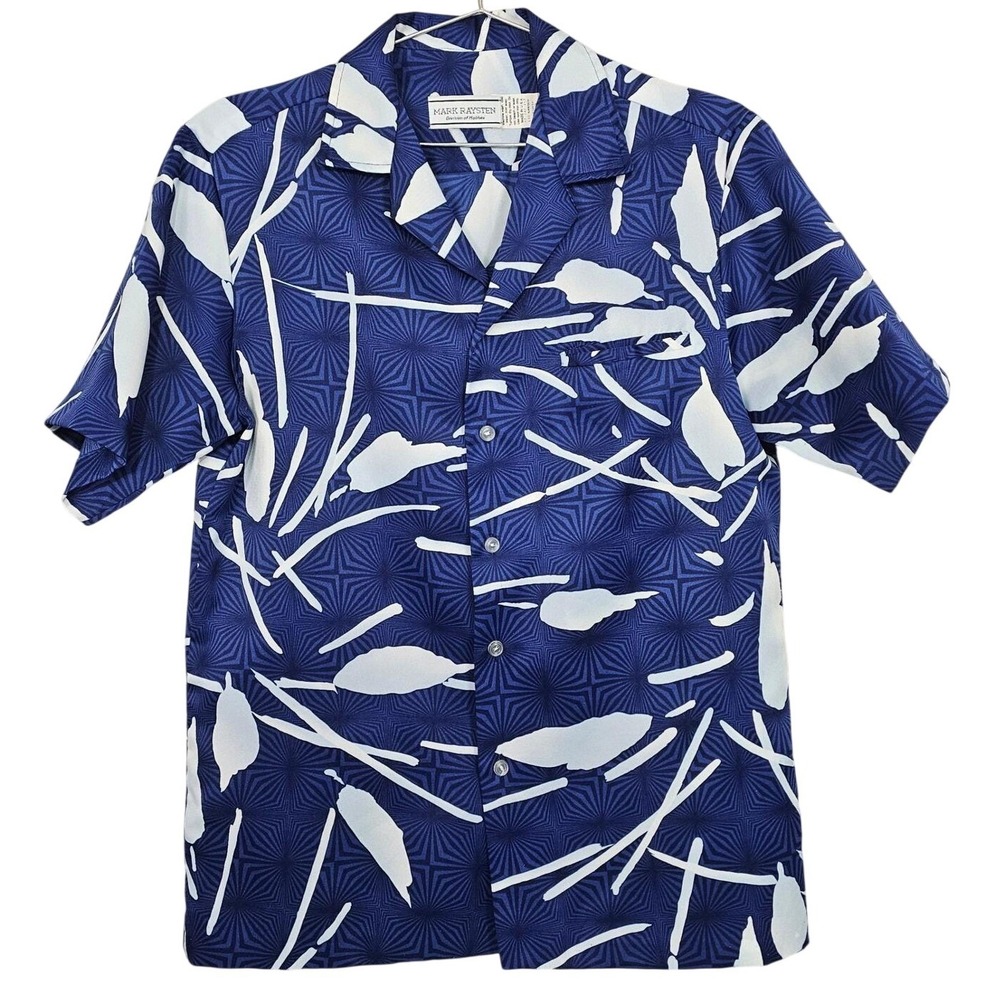 Vintage 80s Mark Raysten Malihini Blue Abstract Aloha Hawaiian Shirt Poly S